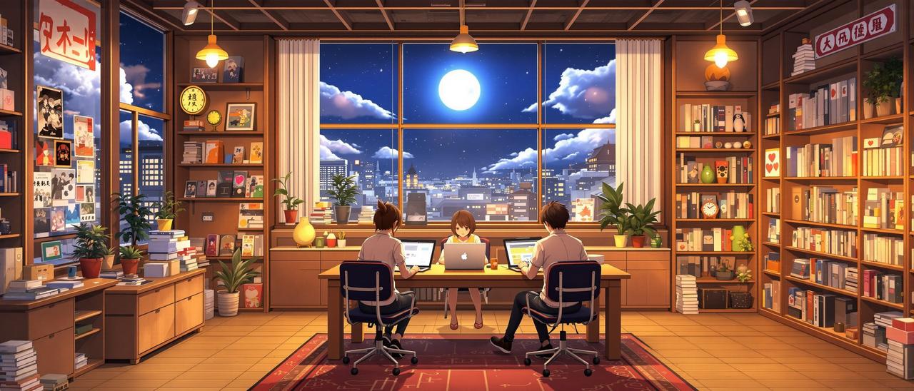 里番大全团队工作场景 - 月光下的动漫编辑部,充满番剧海报与温暖灯光